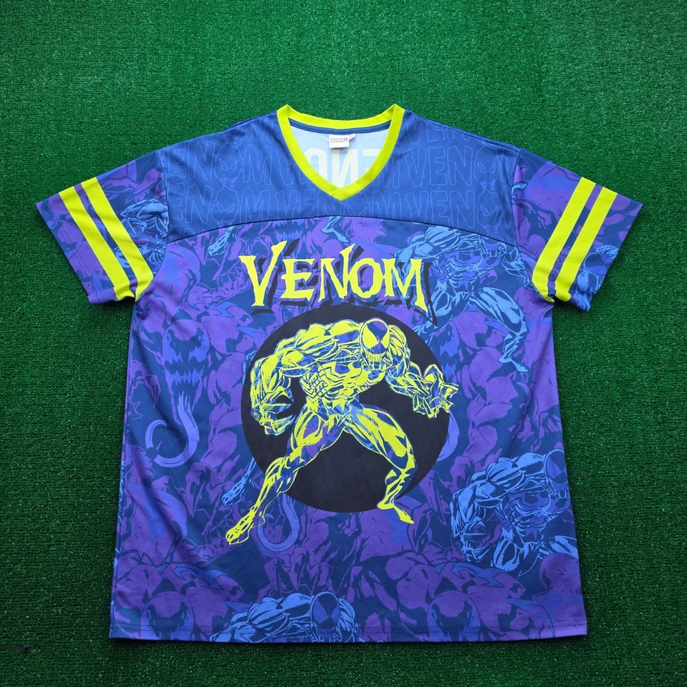 Marvel Comics Venom Jersey Mens XL Blue Purple Yellow V-Neck Graphic AOP